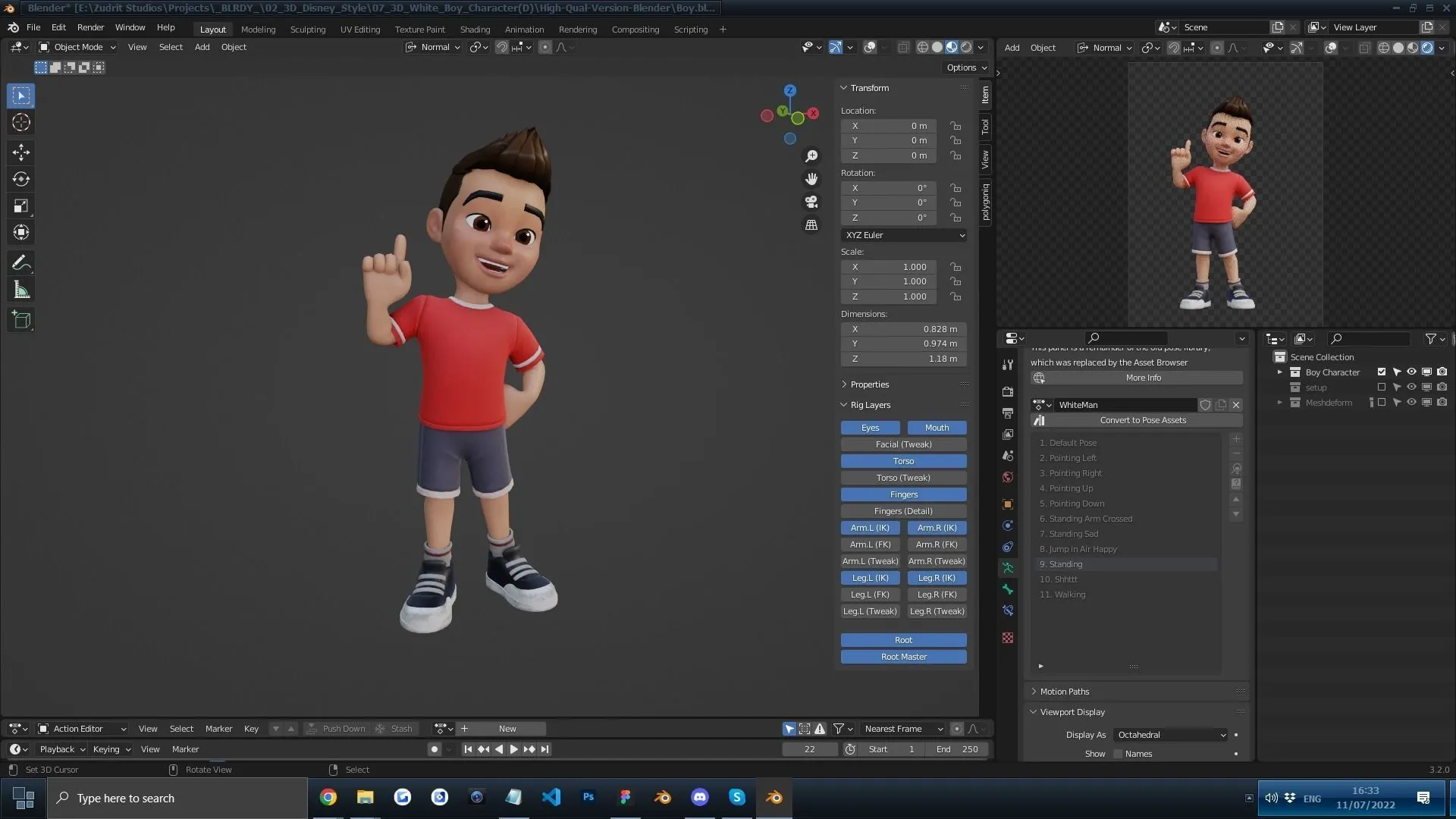 Cartoon White Boy 3D model in Blender workspace